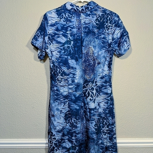 Caribbean Joe Blue Tropical Floral Hibiscus Midi Summer Collar Summer Dress - Picture 2 of 3